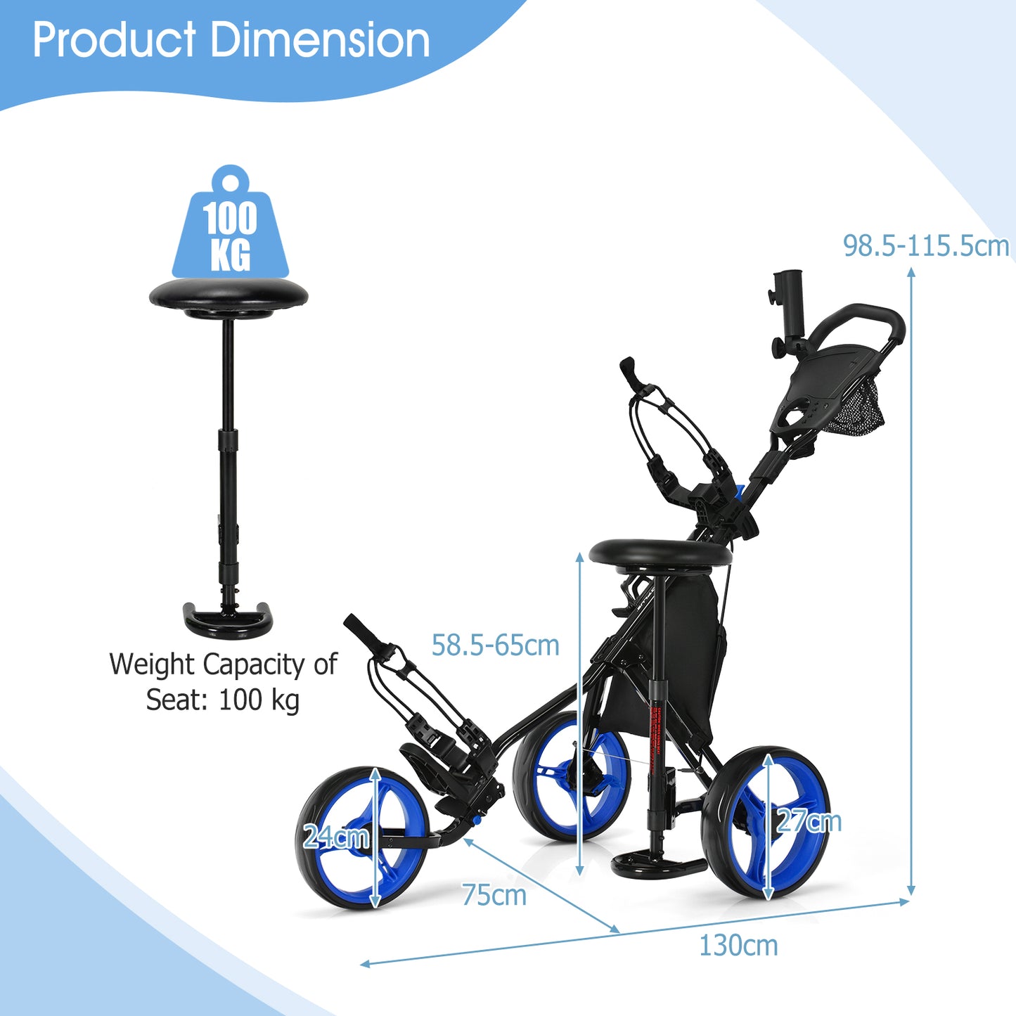Blue Golf Push Pull Cart | 3 Wheel Lightweight Aluminum Frame