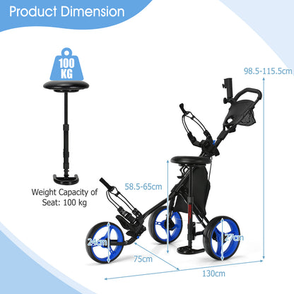 Blue Golf Push Pull Cart | 3 Wheel Lightweight Aluminum Frame