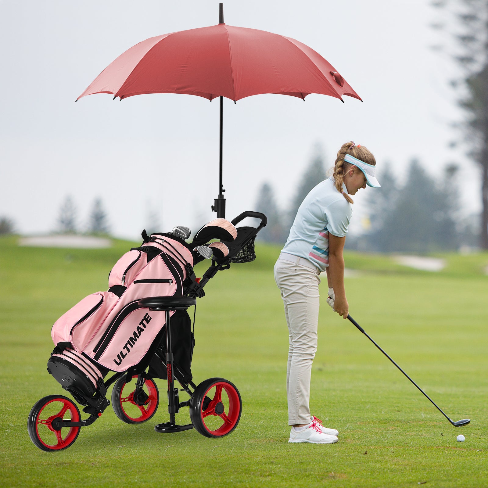 Golf Push Pull Cart Lightweight 3 Wheels Golf Push Cart-Red
