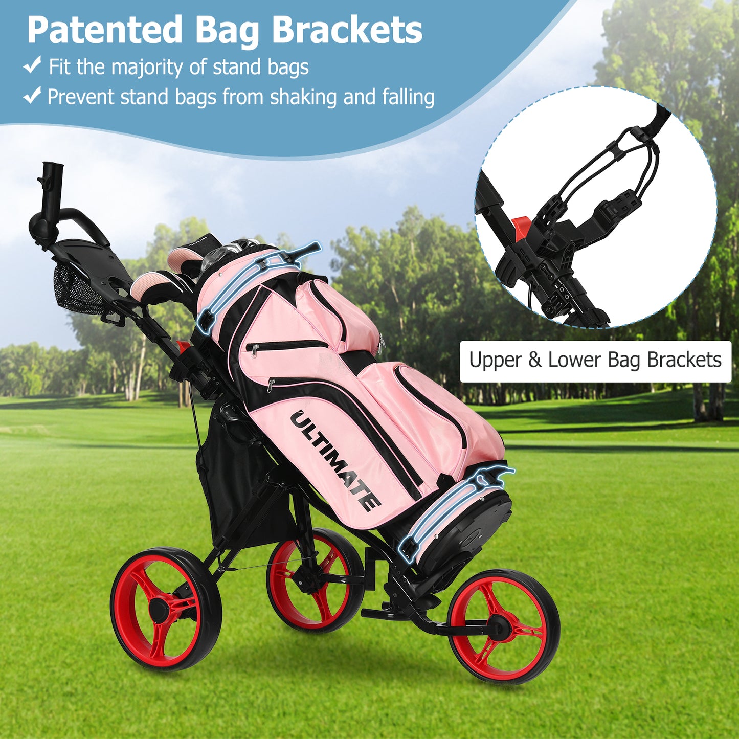 Red 3 Wheel Golf Push Cart | Lightweight Aluminum Frame