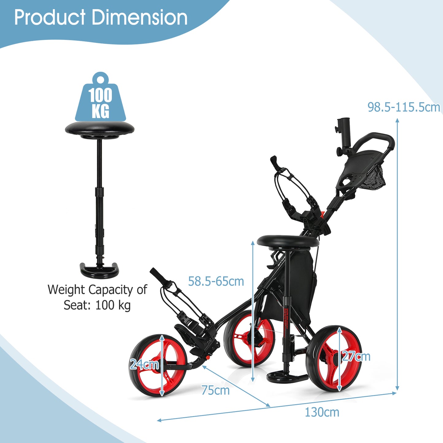 Red 3 Wheel Golf Push Cart | Lightweight Aluminum Frame