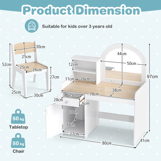 Kids Makeup Vanity Table & Chair Set | Natural 120 LED Lights