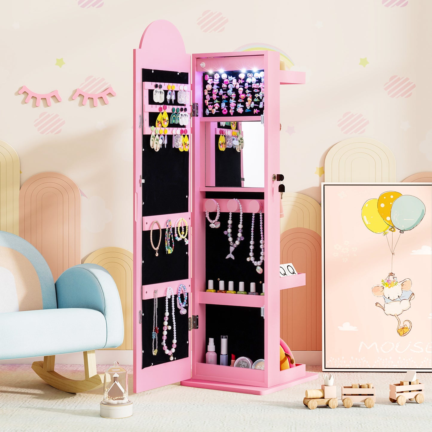 Kids Jewelry Cabinet with Lights with Full-Length Mirror-Pink
