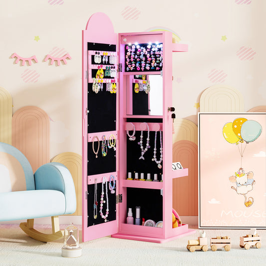 Kids Jewelry Cabinet with Lights with Full-Length Mirror-Pink