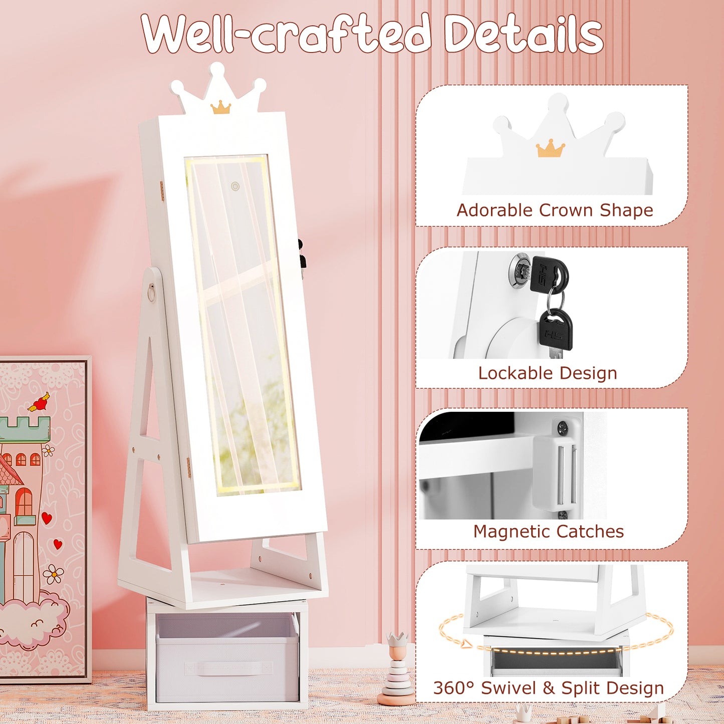 Kids White Jewelry Cabinet | Swivel Mirror Lights Storage