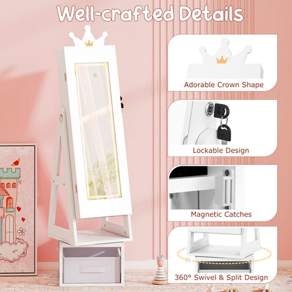 Kids White Jewelry Cabinet | Swivel Mirror Lights Storage