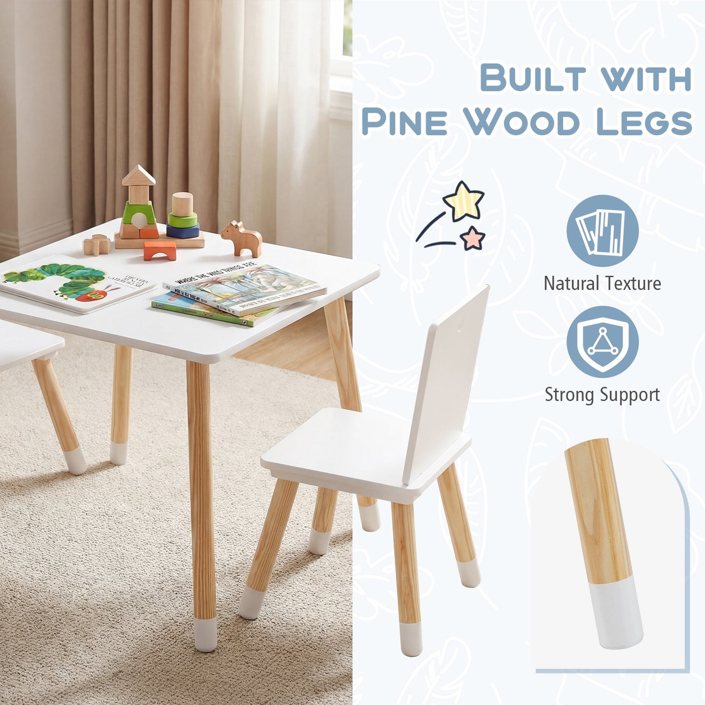 White Kids Table & 2 Chairs Set | Pine Wood Legs for Toddlers