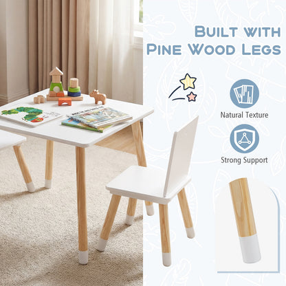 White Kids Table & 2 Chairs Set | Pine Wood Legs for Toddlers