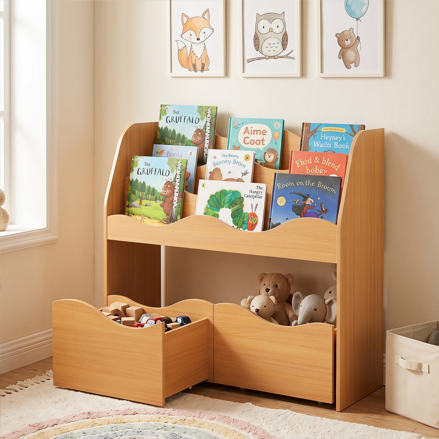 Costway 3-Tier Wooden Bookcase Kids Toy Storage Organizer for Playroom-Natural