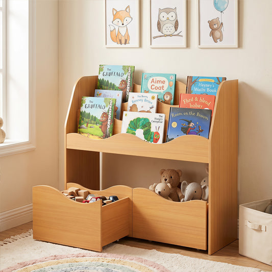Costway 3-Tier Wooden Bookcase Kids Toy Storage Organizer for Playroom-Natural