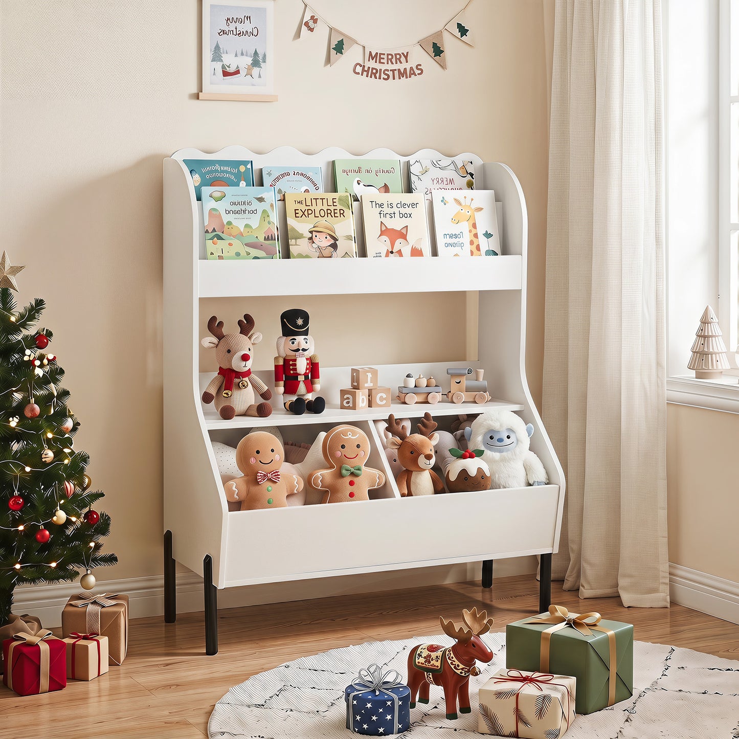 White Kids Toy Storage Organizer | 2 Bins & Open Shelf