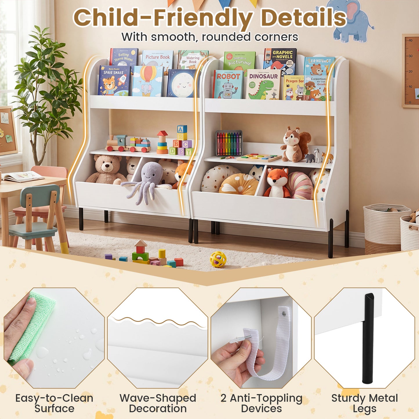 White Kids Toy Storage Organizer | 2 Bins & Open Shelf