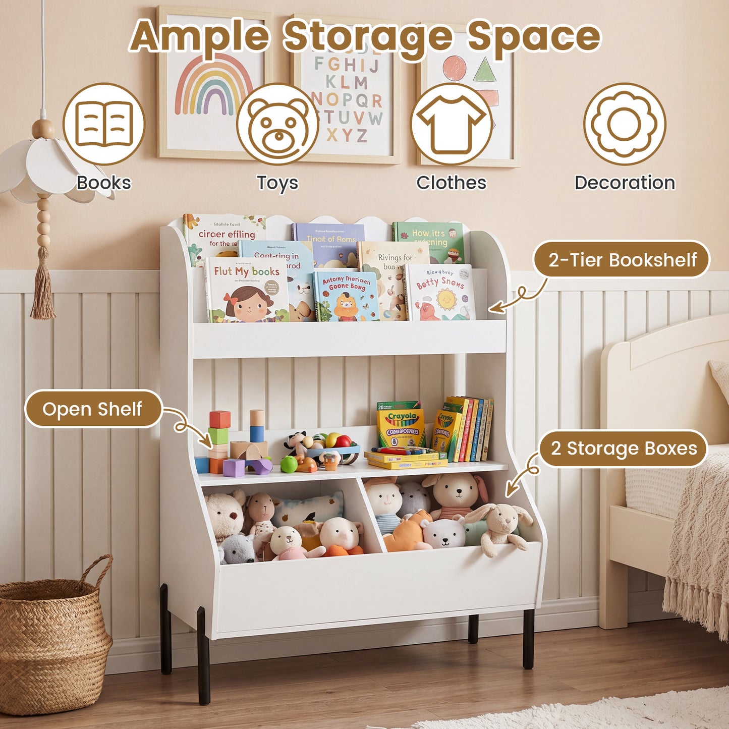 White Kids Toy Storage Organizer | 2 Bins & Open Shelf
