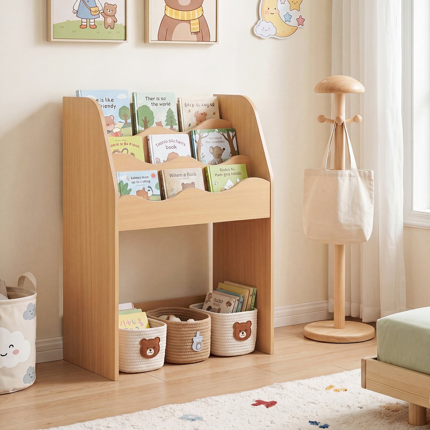Kids Bookshelf Toy Storage Organizer | 4-Tier Natural Wood