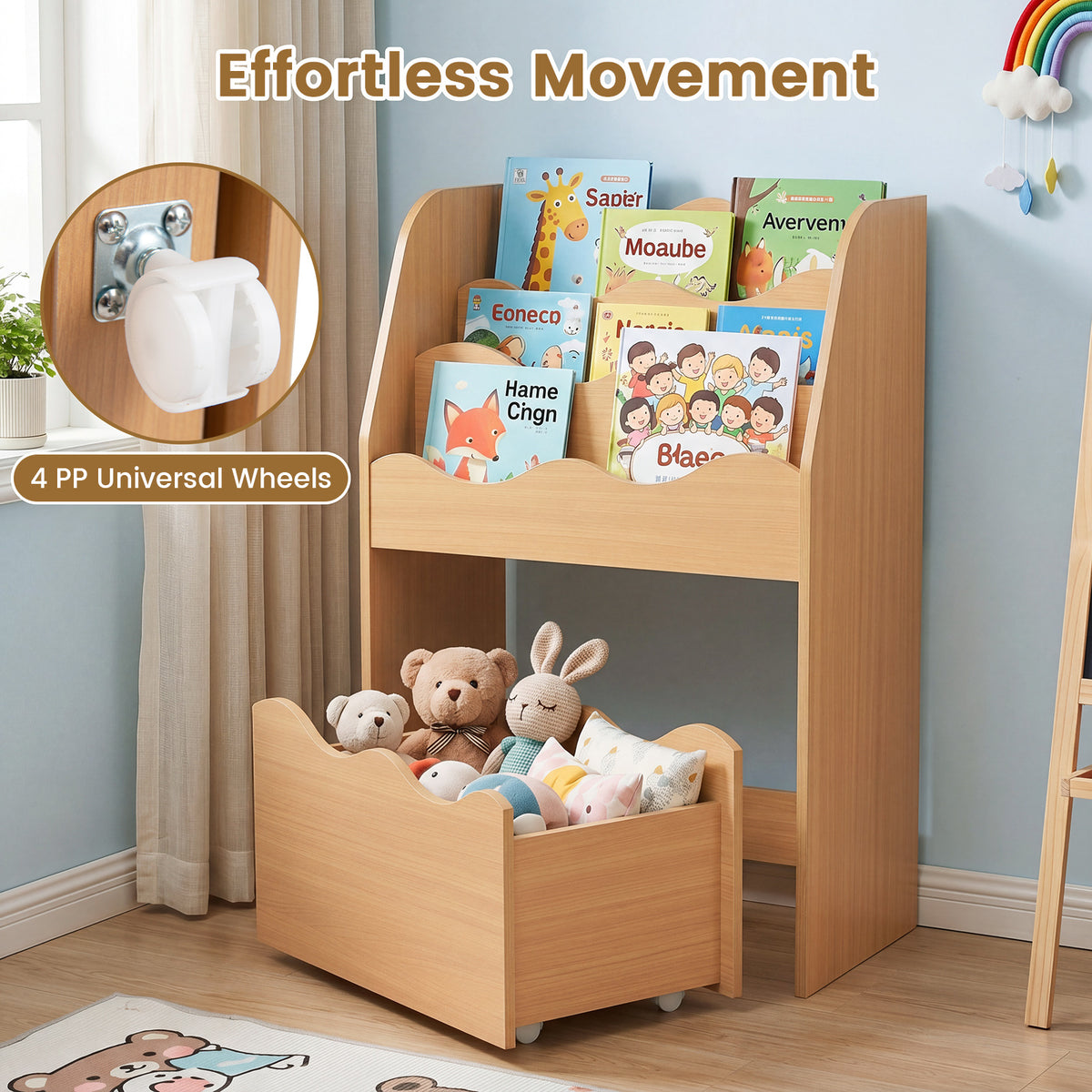 Kids Bookshelf Toy Storage Organizer | 4-Tier Natural Wood