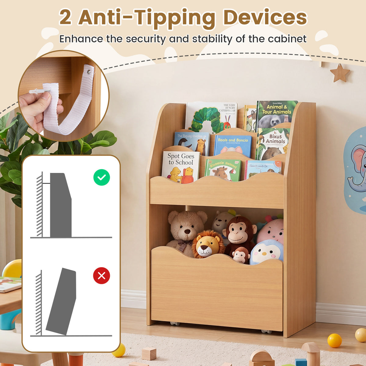 Kids Bookshelf Toy Storage Organizer | 4-Tier Natural Wood