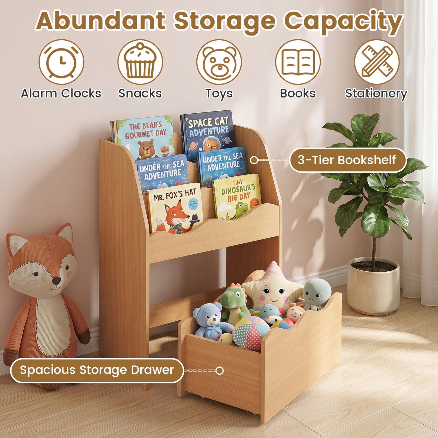 Kids Bookshelf Toy Storage Organizer | 4-Tier Natural Wood