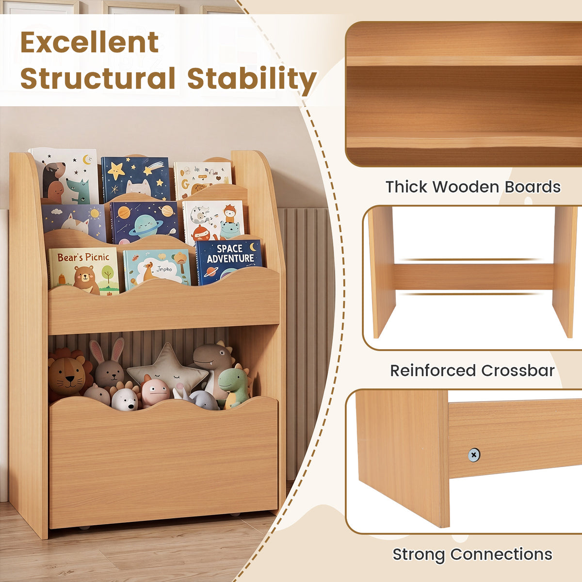 Kids Bookshelf Toy Storage Organizer | 4-Tier Natural Wood