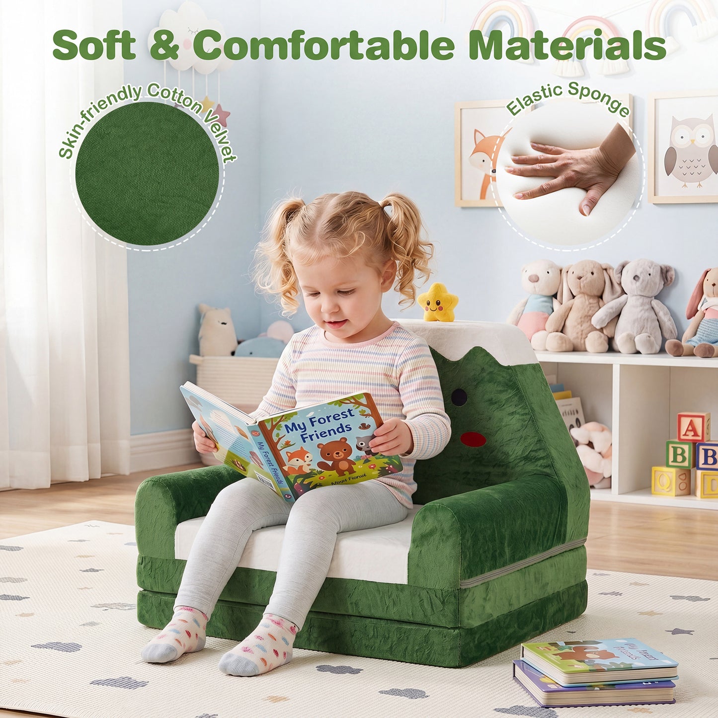 Green Kids 2-in-1 Convertible Sofa Bed | Toddler Couch