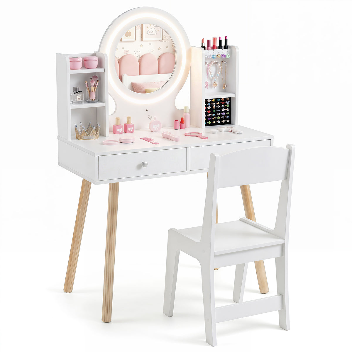 Kids White Vanity Set | LED Mirror Lights & Storage Drawers