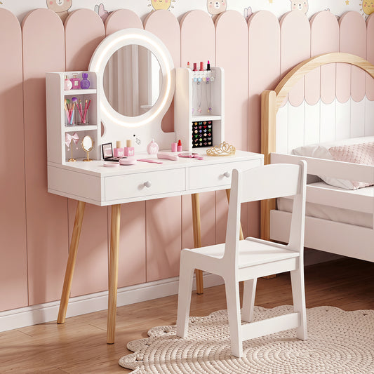 Kids White Vanity Set | LED Mirror Lights & Storage Drawers
