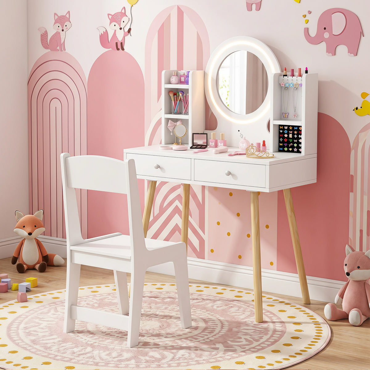 Kids White Vanity Set | LED Mirror Lights & Storage Drawers