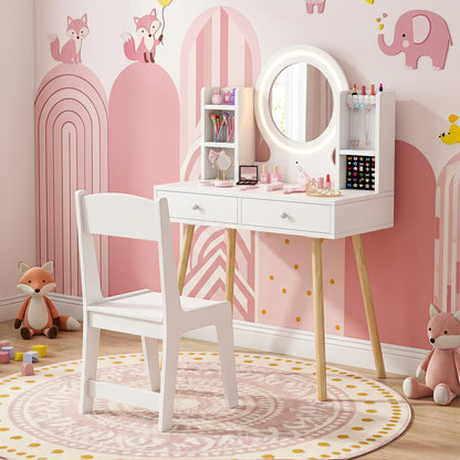 Kids White Vanity Set | LED Mirror Lights & Storage Drawers