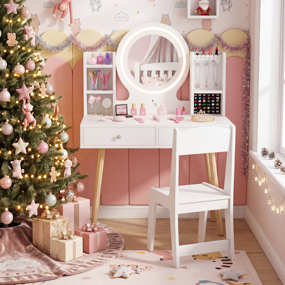 Kids White Vanity Set | LED Mirror Lights & Storage Drawers