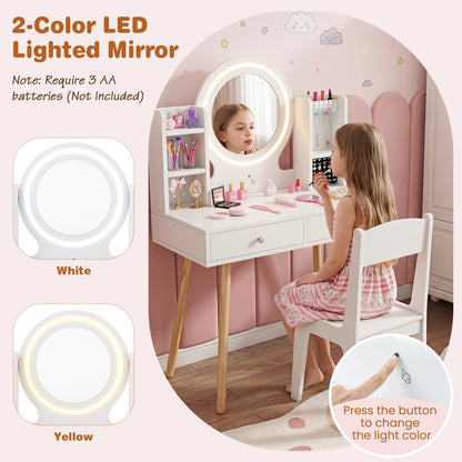 Kids White Vanity Set | LED Mirror Lights & Storage Drawers