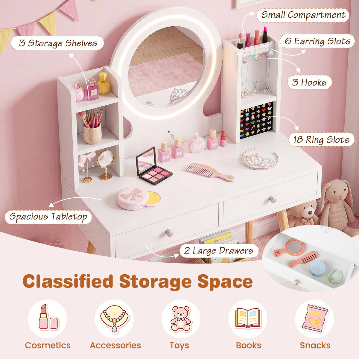 Kids White Vanity Set | LED Mirror Lights & Storage Drawers
