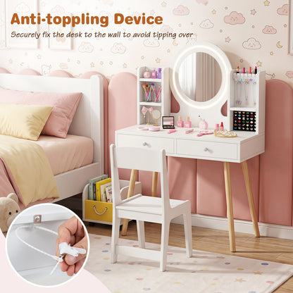 Kids White Vanity Set | LED Mirror Lights & Storage Drawers
