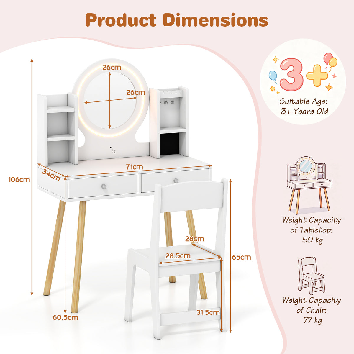 Kids White Vanity Set | LED Mirror Lights & Storage Drawers