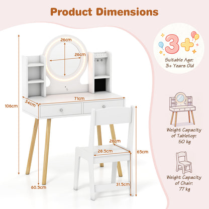 Kids White Vanity Set | LED Mirror Lights & Storage Drawers