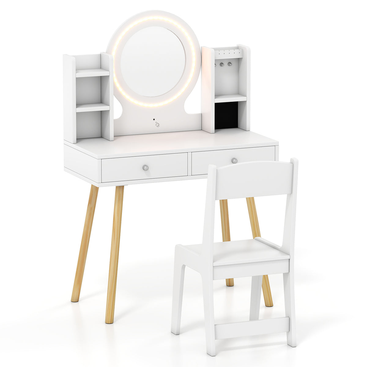 Kids White Vanity Set | LED Mirror Lights & Storage Drawers