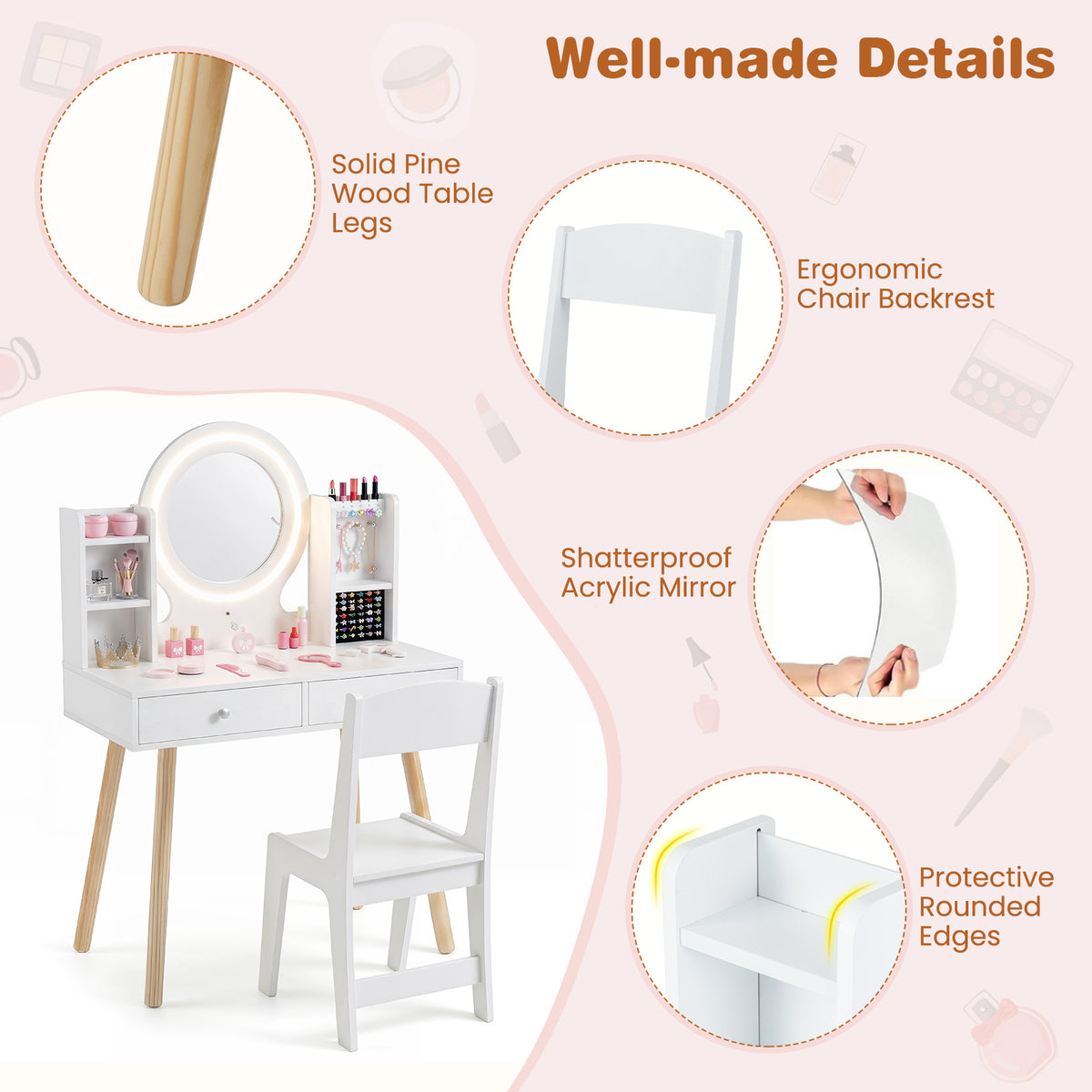Kids White Vanity Set | LED Mirror Lights & Storage Drawers