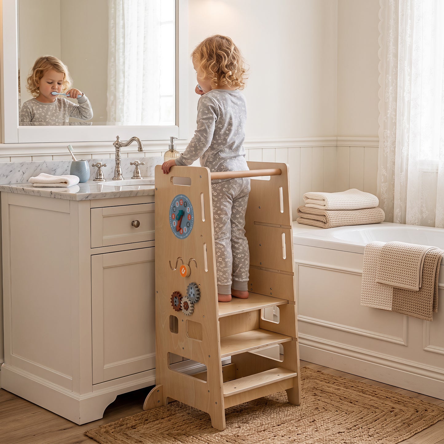 Natural Toddler Standing Tower | Adjustable Height & Blackboard