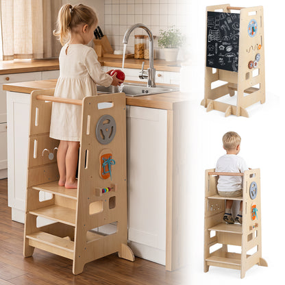 Natural Toddler Standing Tower | Adjustable Height & Blackboard