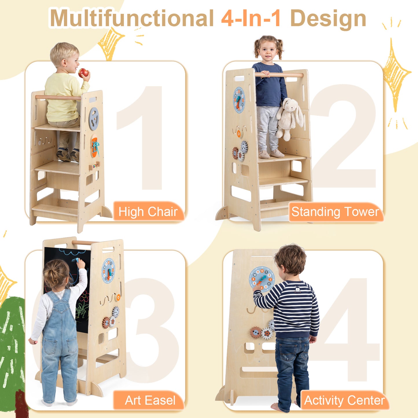 Natural Toddler Standing Tower | Adjustable Height & Blackboard