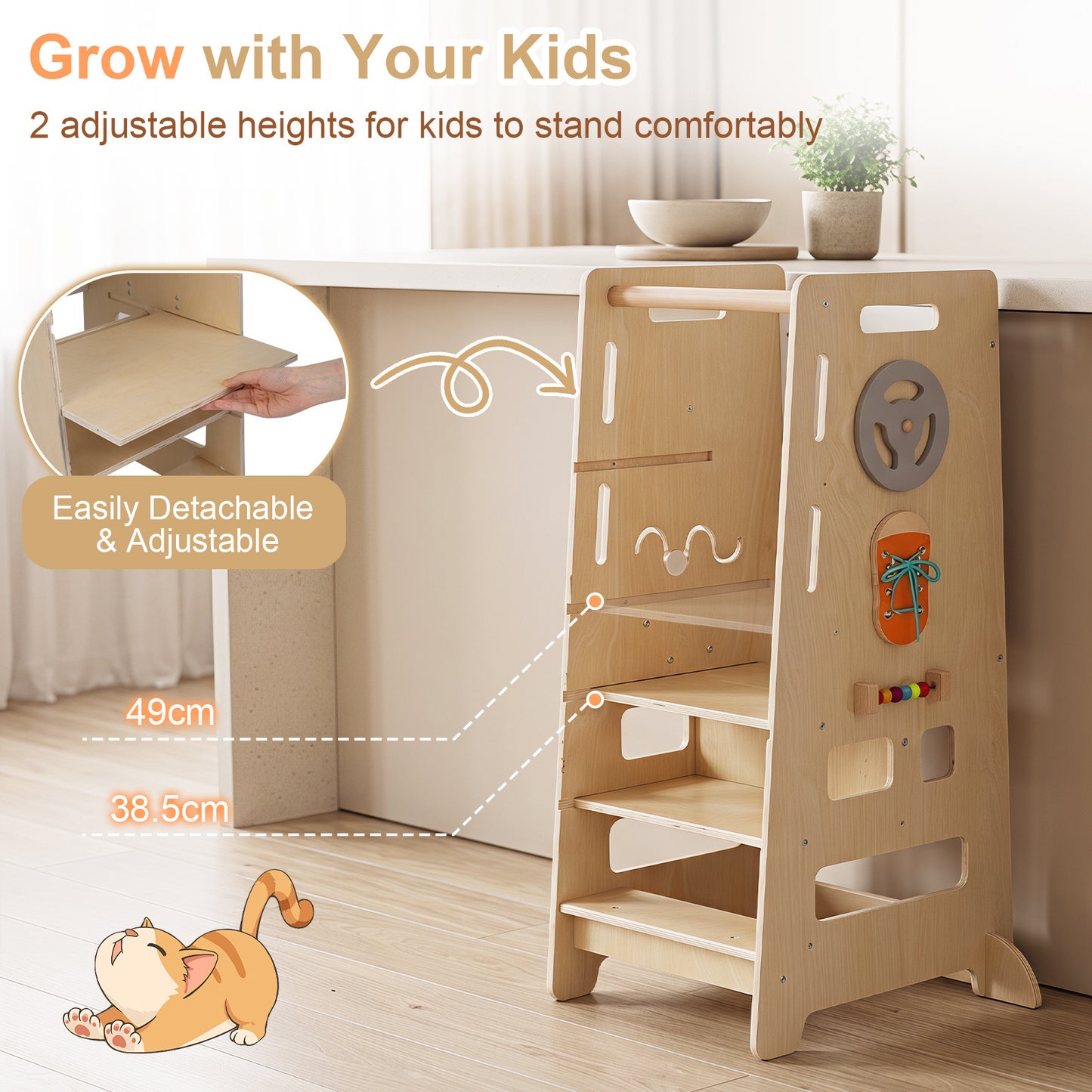 Natural Toddler Standing Tower | Adjustable Height & Blackboard