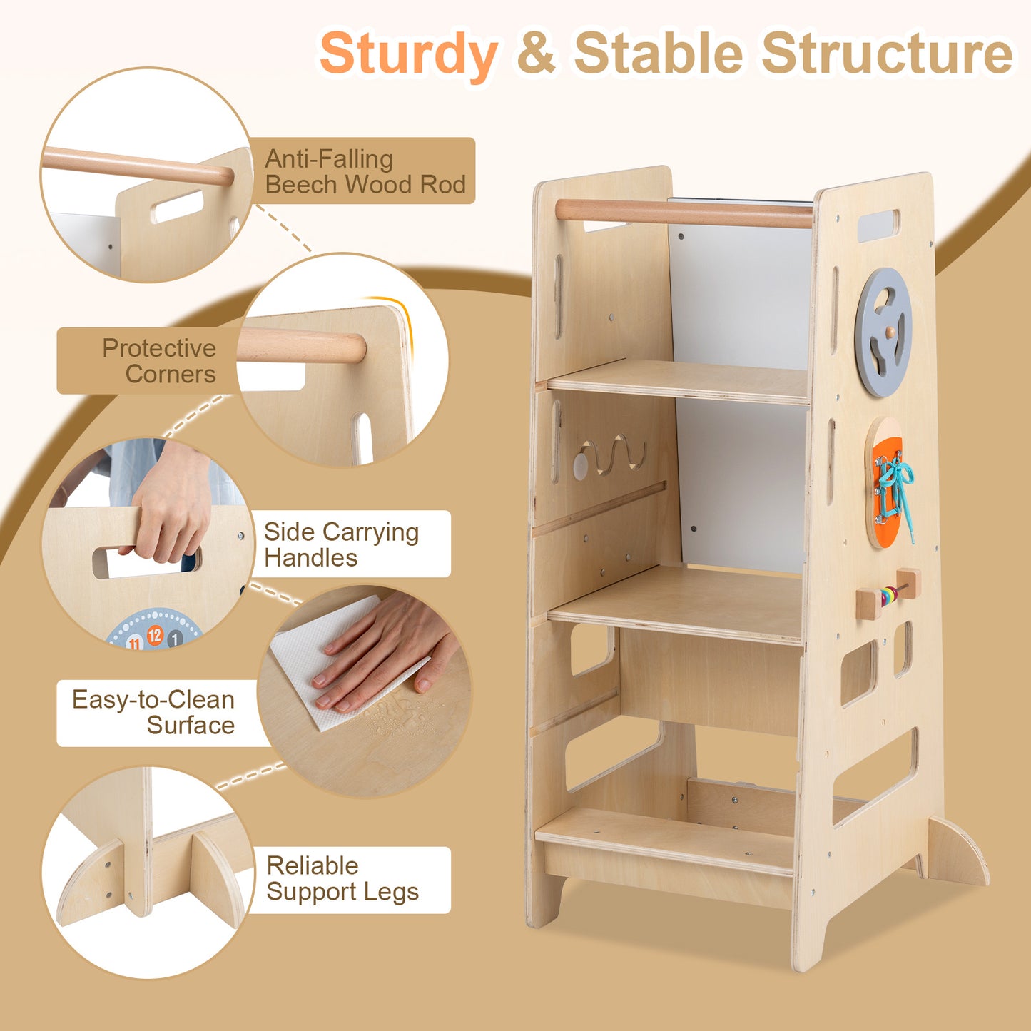 Natural Toddler Standing Tower | Adjustable Height & Blackboard