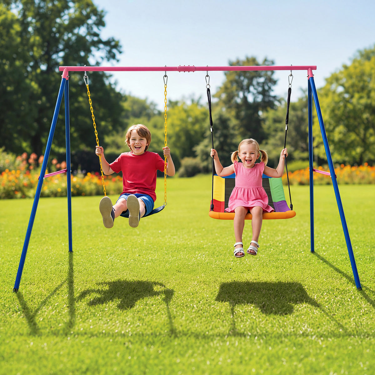 Costway Heavy Duty Metal Swing Set with Ground Stakes for Playground Backyard-Red