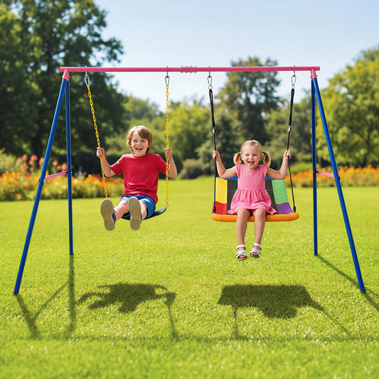 Costway Heavy Duty Metal Swing Set with Ground Stakes for Playground Backyard-Red