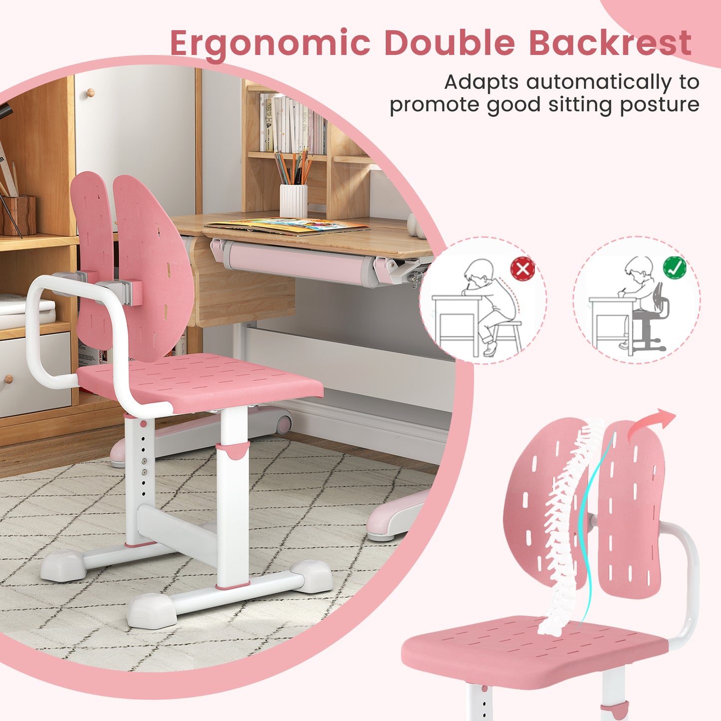 Height Adjustable Kids Desk Chair | Double Back Support Pink