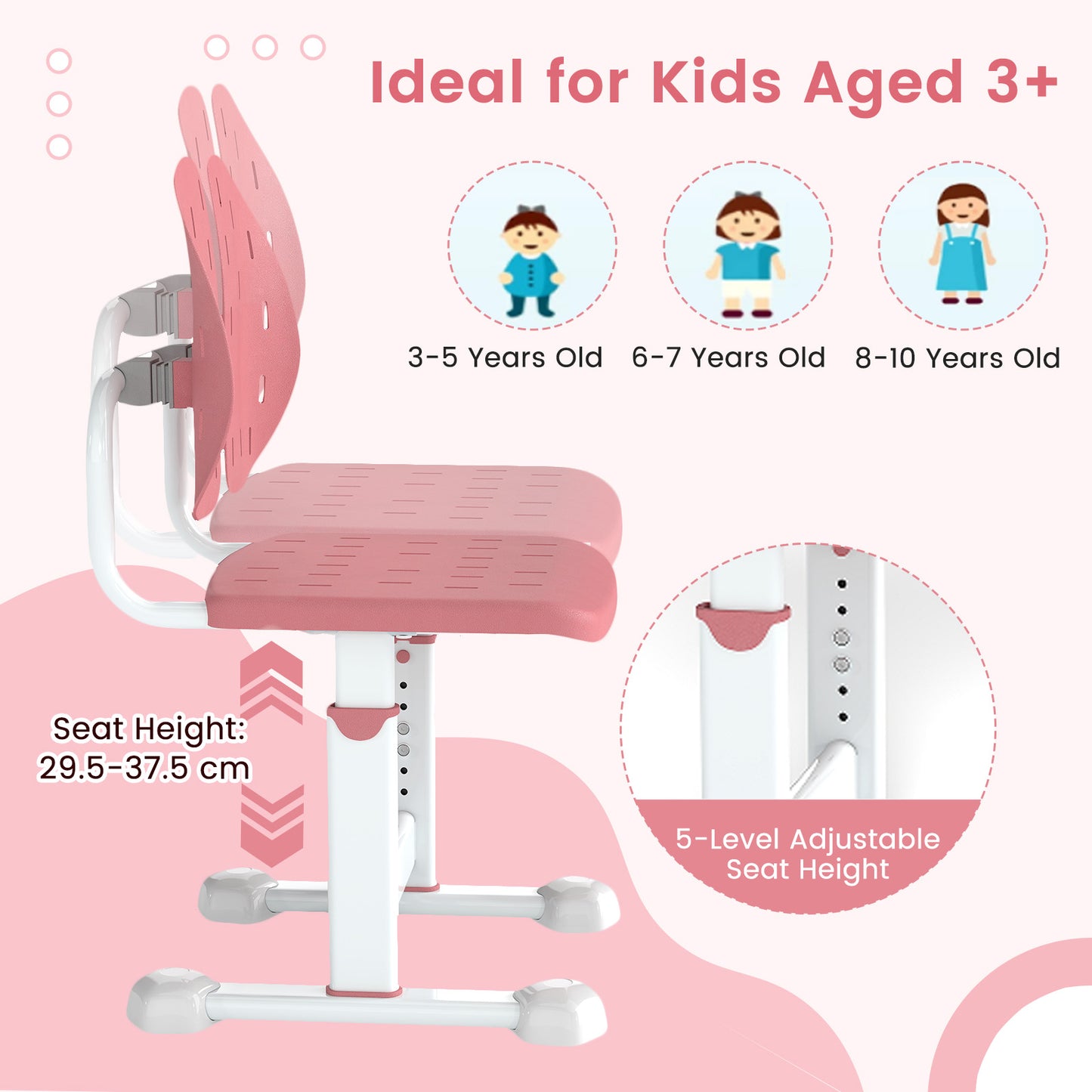 Height Adjustable Kids Desk Chair | Double Back Support Pink
