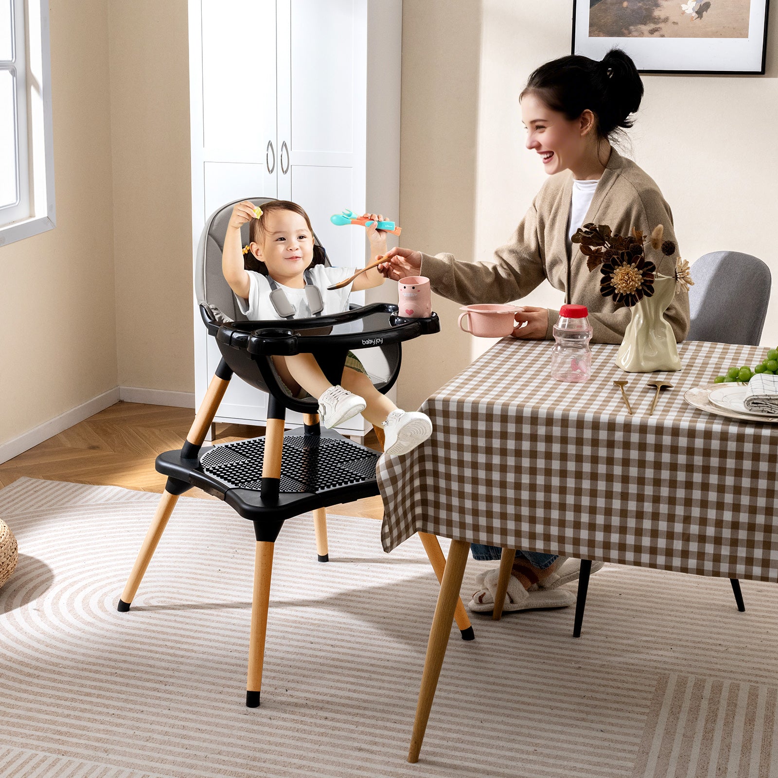 High Chair for Babies and Toddlers 6-in-1 Convertible Table Chair Set-Black
