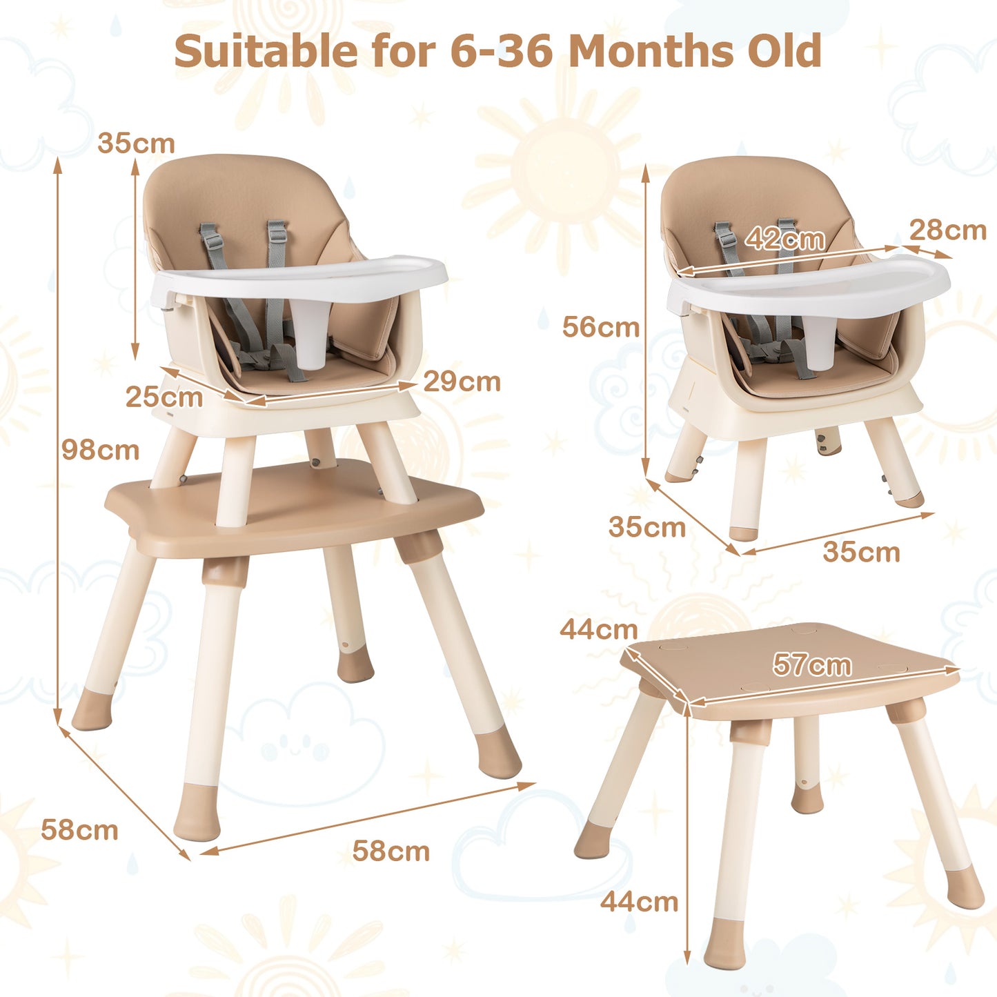 6 In 1 Highchair With Removable Washable Tray | Coffee