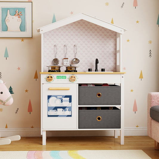 House-shaped Play Kitchen with 5-Piece Cookware for 3-6 Years Old-White