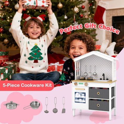 White House-Shaped Play Kitchen | 5-Piece Cookware Set | Ages 3-6