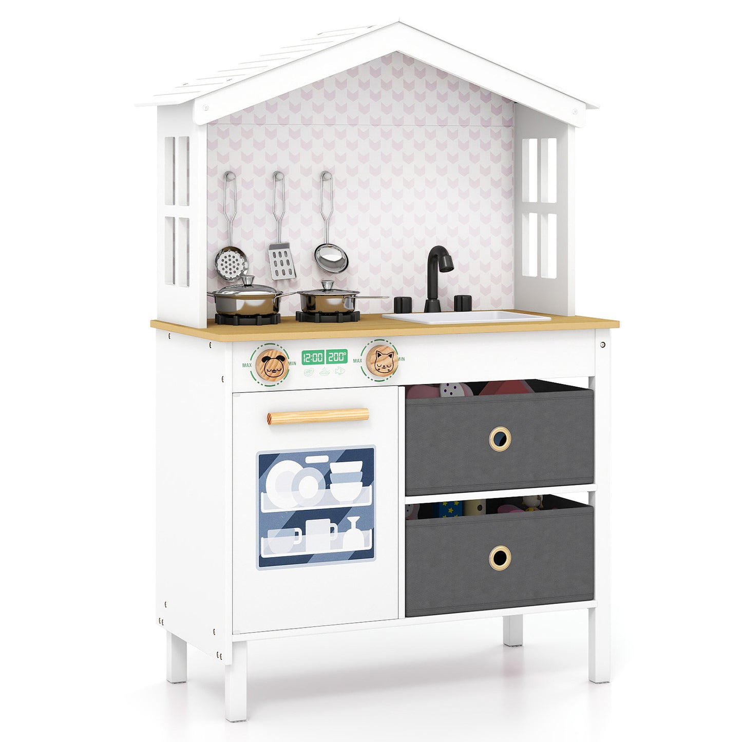 White House-Shaped Play Kitchen | 5-Piece Cookware Set | Ages 3-6