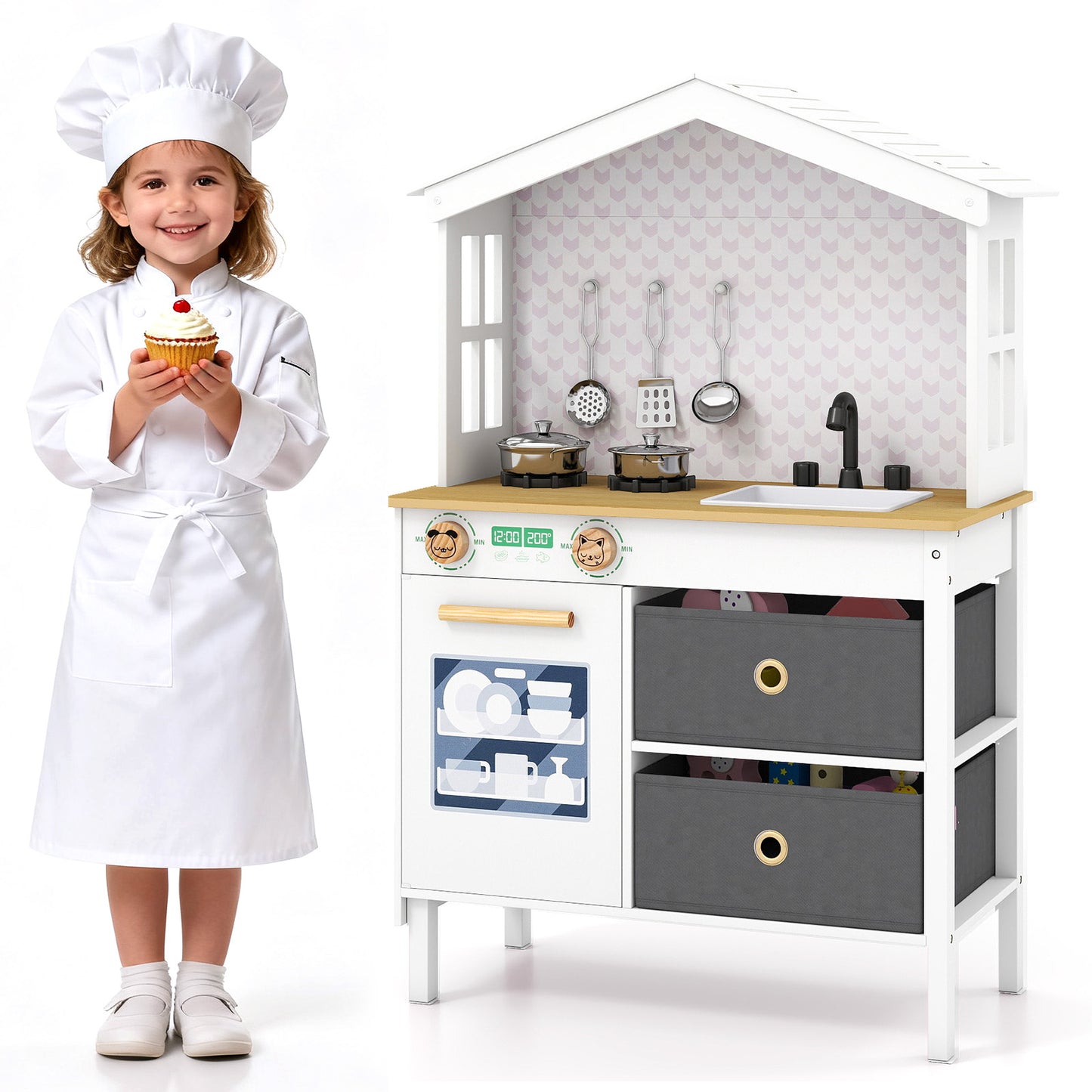 White House-Shaped Play Kitchen | 5-Piece Cookware Set | Ages 3-6